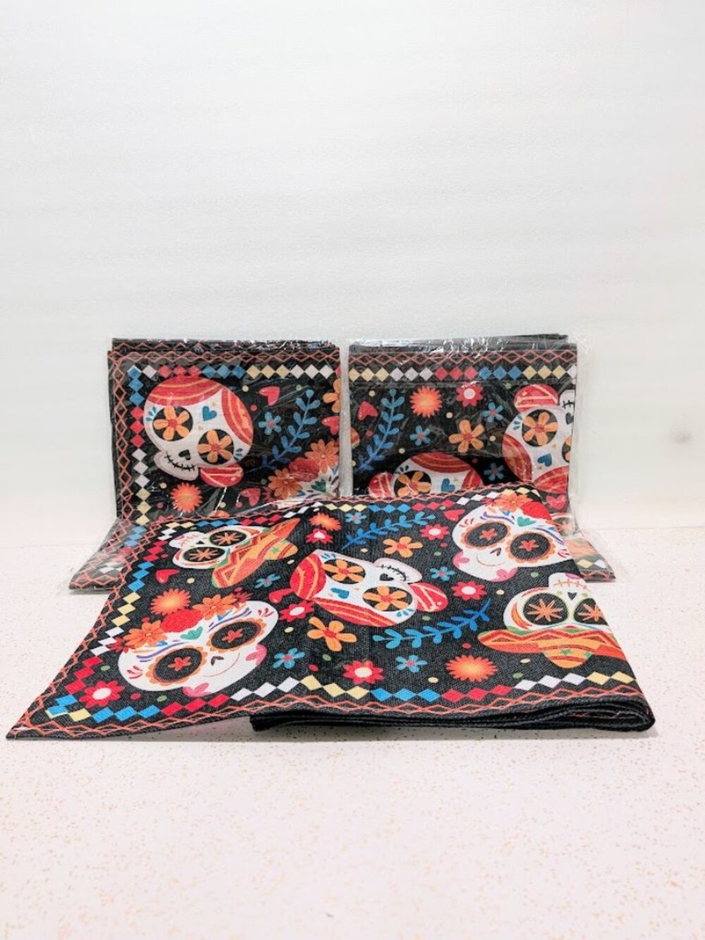 Set of 3 Day of the Dead Sugar Skull Table Runners 6ft Black Festive Boho
